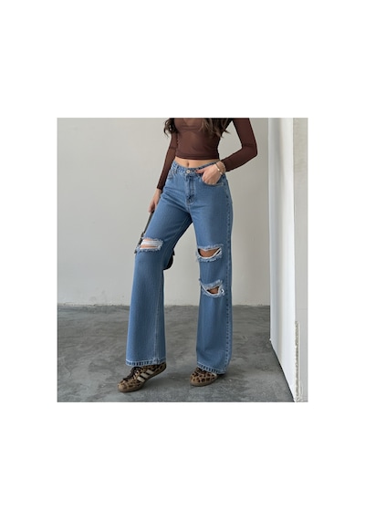 Blue Marlın Çift Diz Lazer Yırtık Boyfriend Bol Paça Jeans Mavi