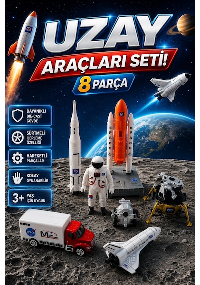 8 Parça Metal Uzay Araçları Seti Die-cast Astronot Uzay Mekiği Ve Roket Oyuncak 3+ Yaş Çok Renkli
