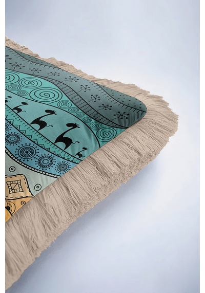 Etnik Stil Saçaklı Yastık Kılıfı - Bohem Tribal Turkuaz Turuncu Püsküllü Kırlent Kılıfı Sisli Açık Gri