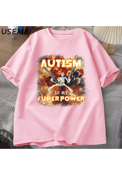 Flood Of Style Otizm Süper Güç Komik İskelet Meme T Shirt Garip Belirli Saldırgan T Shirt Erkekler Rahat Pam Pembe
