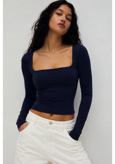 Seeh Lacivert Kare Yaka Uzun Kollu Kadın Body Sh206
