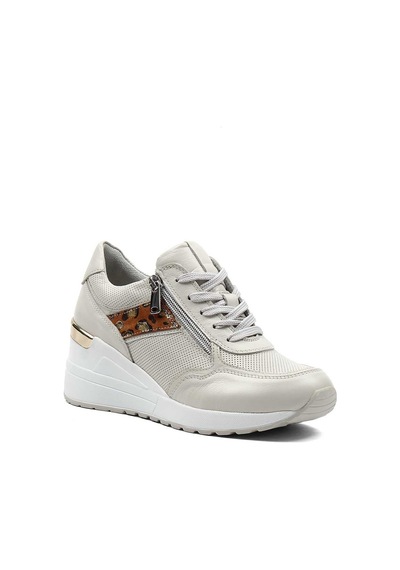 Kadın Bej Bağcıklı Dolgu Topuklu Deri Sneaker