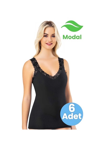 Tezzgelsin Kadın 6'lı Modal Kaşkorse Kalın Dantel Askı Detaylı Pedli Atlet Siyah