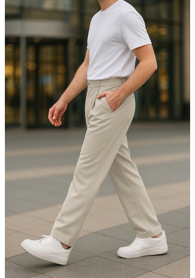 Cedy Denim Yüksek Kalite Erkek Yüksek Bel Pileli Baggy Chino Pantolon C358 Bej
