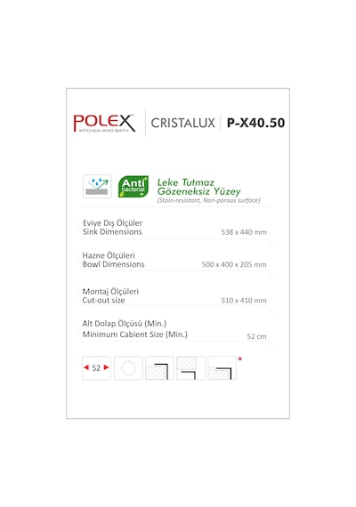 Polex Cristalüx Granit Evye P-X40 Antrasit Tezgah Altı Ve Tezgah Üstü Kare Mutfak Evyesi 53.8x44 CM