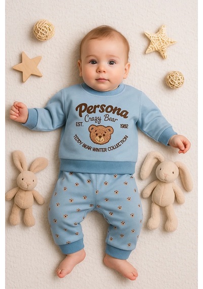 Veraura Lifestyle Persona Bear Nakışlı % 100 Pamuk 2'li Erkek Bebek Takım MAvi