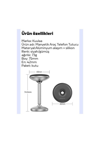 Kuulaa Güçlü Mıknatıslı Manyetik Standlı Cep Telefon Araç Tutucu- 5775 Siyah