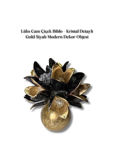 Lüks Cam Çiçek Biblo Kristal Detaylı Gold Siyah