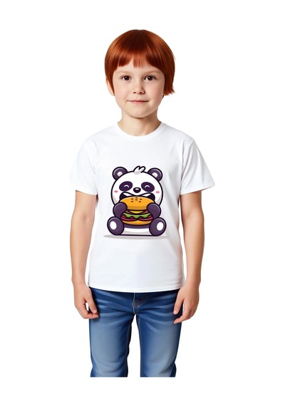 Paybuy Çocuk Karikatür Panda Burger Baskılı Kısa Kollu Tişört %100 Pamuk beyaz