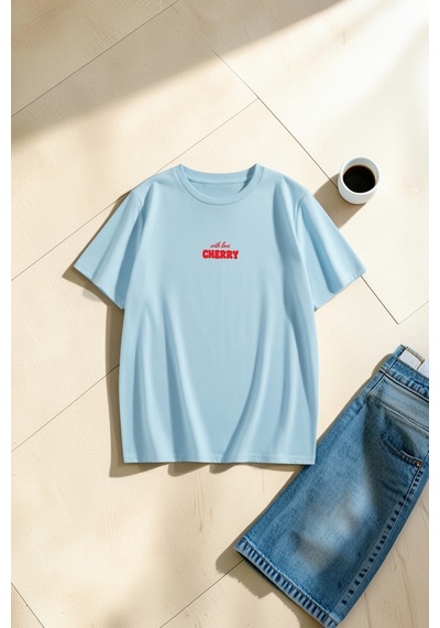 Uyguntarz Unisex With Love Cherry Baskılı Tasarım Oversize Tişört Bebe Mavisi