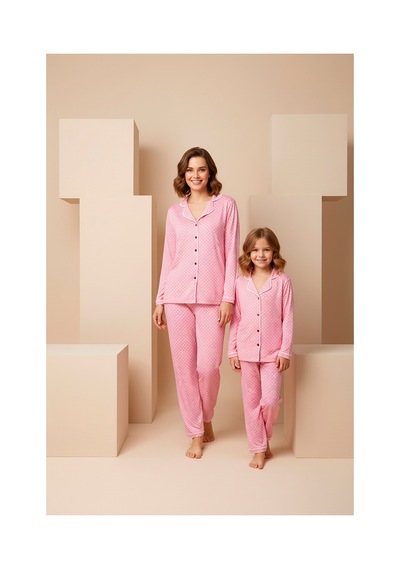 Rindahomewear Anne-kız Puantiye Desenli Örme Düğmeli Uzun Kollu Pijama Takımı Pembe