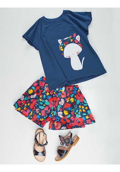 Denokids Çiçekli Kedi Kız Şort Takım Çok Renkli