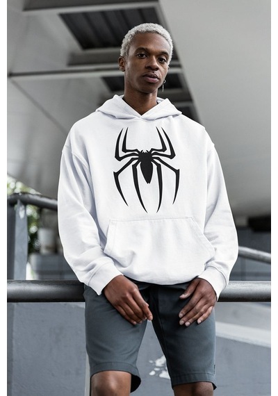 Sevbano Örümcek Adam Logo Baskılı Unisex Oversize Spider Man Hoodie Beyaz