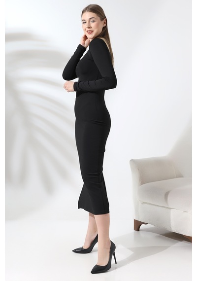 Gugus Trend Kadın Siyah Hailey Uzun Kollu Maxi Elbise Yırtmaçlı Model Ssiyah