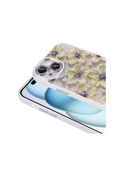 Apple Uyumlu  iPhone 15 İle Çiçek Desenli Parlak Taşlı Sert Silikon Kapak