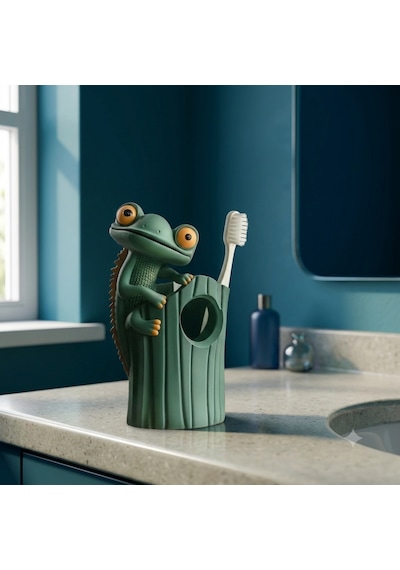 Sevimli Kertenkele Çocuk Diş Fırçalık 3d Baskı Diş Fırçası Standı Banyo Düzenleyici Koyu Yeşil