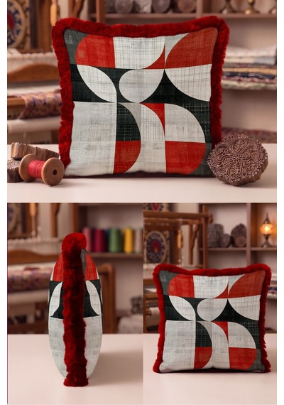 Geometrik Soyut Desen Saçaklı Yastık Kılıfı - Retro Eklektik Gri Siyah Bordo Püsküllü Kırlent Kılıfı Puslu Sahil Ritüel