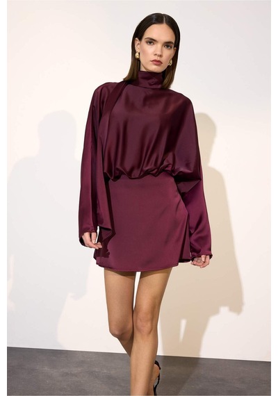 Defacto Yarasa Kol Saten Mini Elbise G9529ax26spbr210 Bordo-br210