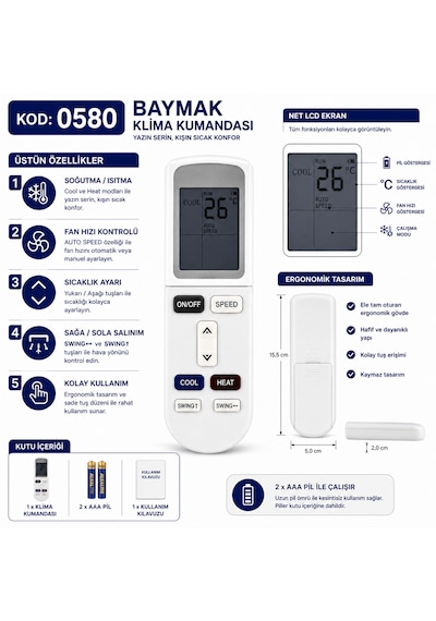 Baymak 0580 Klima Kumandası Lcd Ekranlı Isıtma Soğutma Fan Hız Ayarlı Swing Fonksiyonlu Yedek Kumanda