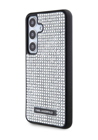 Galaxy S24 Uyumlu Kılıf Taşlı Metal Logo Lisanslı Kapak Gümüş