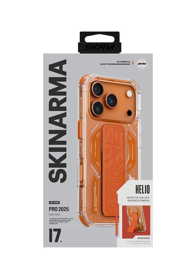 Apple Uyumlu iPhone 17 Pro Kılıf M-safe Teknoloji Desenli Skinarma Helio Mag Charge Standlı Kapak Turuncu Turuncu