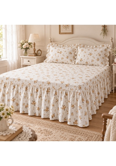 Kır Çiçekleri Bej Vintage Pastel Çiçek Desenli %100 Pamuk Fırfırlı Etekli Lastikli Çarşaf Takımı Çok Renkli