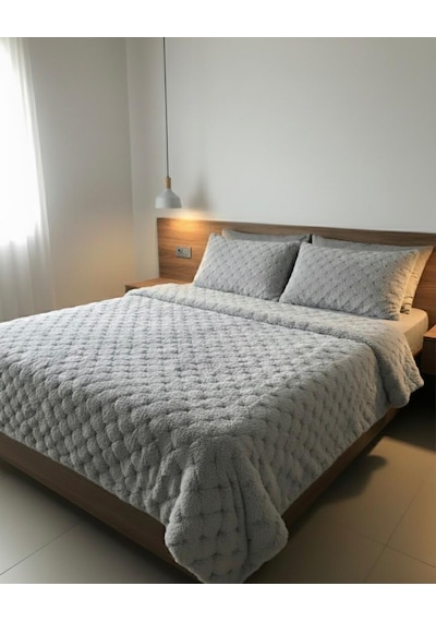 Merinos Diamond Çift Kişilik Yatak Örtüsü Peluş Kürk Yumuşak Comforter Yorgan Seti Gri