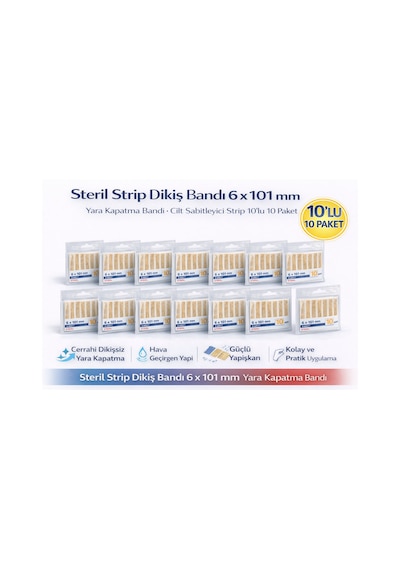 Steril Strip Dikiş Bandı 6 X 101 Mm Yara Kapatma Bandı Cilt Sabitleyici Strip 10lu 10 Paket
