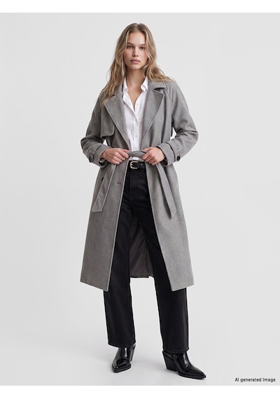 Lcw Vision Gri Kruvaze Yaka Oversize Kadın Kaşe Kaban