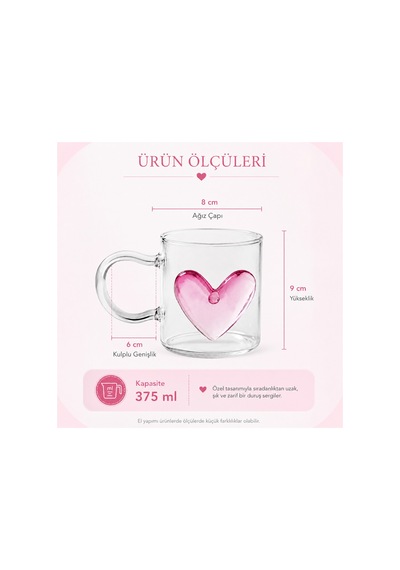 Kalp Detaylı Cam Kupa Bardak 375 Ml 3 Boyutlu Pembe Kalpli Şeffaf Kahve Fincanı Borosilikat Görünümlü Estetik Tasarım Çay Kahve Kupası Pembe