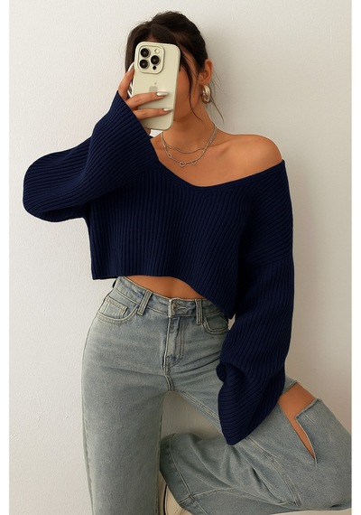 Nimas Kadın Oversize V Yaka Triko Crop Kazak Lacivert - 660238521 Lacivert