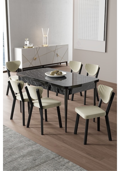 Canisa Exve Serisi 80x132 Açılabilir Siyah Mermer Desen Masa Takımı Ve 6 Krem Sandalye Masa Siyah Mermer Desen Sandalye Krem Canisa Exve Serisi 80x132 Açılabilir Siyah Mermer Desen Masa Takımı Ve 6 Krem Sandalye Masa Siyah Mermer Desen Sandalye Krem