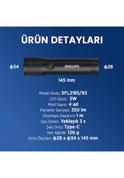 Philips Sfl2185 350 Lümen 3w Led El Feneri Teleskopik Zoom Sos Modlu Şarj Edilebilir Uzun Menzilli Flashlight Siyah