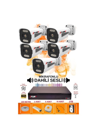 Fury 5 Li Sesli 6 Warm Led Gece Renkli Görüş Su Geçirmez Güvenlik Kamerası Seti 1tb