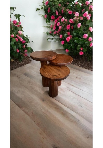 Simillo Wood Wooden Ahşap 3 Lü Set Fitilli Mantar Yan Sehpa Modern Meşe Renk Fiskos Meşe
