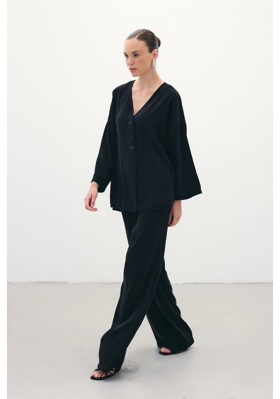 Sateen Düğmeli Kimono - Siyah Siyah