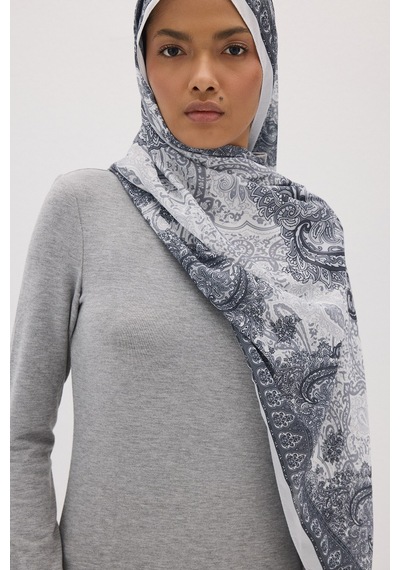 Mirsoy Scarf Elisa Pamuk Etnik Desen Şal Gri