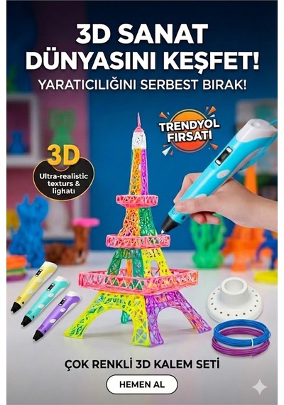 Büro Ev Ofis Hobi Atölyesi İçin 3d Üç Boyutlu Dijital Göstergeli Mavi Kalem 3filament Seti