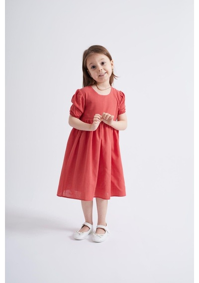 Oliventhekid Kolları Ve Beli Lastikli Kız Çocuk Elbise Kiremit Kiremit