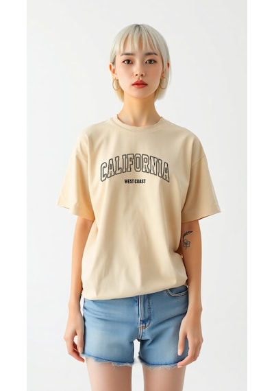 Uyguntarz Unisex West Coast Baskılı Oversize Tshirt Bej