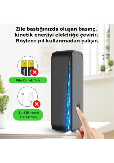 Kablosuz Kapı Zili Seti Pil Gerektirmez, Kinetik Enerjili Kapı Zili Pilsiz Şarjsız Kablosuz Fişi Prize Tak Çalıştır, Led Işıklı, Su Geçirmez, Ev Ofis Villa İçin Uygun 1 Verici + 1 Alıcı