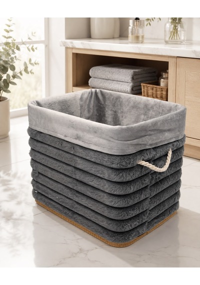 Bambu Peluş Kaplama Çamaşır Sepeti Organizer - Antrasit-7493 Çok Renkli