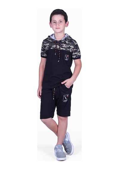 Fyk Kids Kamuflaj Desenli Kaprili Sweatshirtlü Erkek Çocuk Alt Üst Takım Haki Yeşil