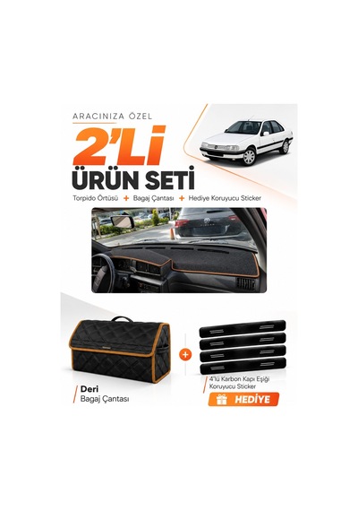 Peugeot 405 1987-1992 Uyumlu Torpido Örtüsü + Deri Bagaj Çantası + Sticker Seti - Siyah Kahverengi