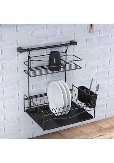 Geseus Home Borulu Askılı Bardaklık Tabaklık Bulaşıklık Mat Siyah