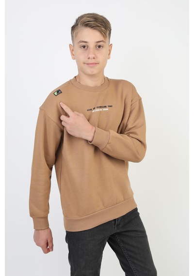 Bisiklet Yaka Baskı Detaylı Erkek Çocuk Sweatshirt-90907 Kahverengi