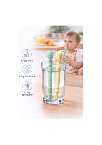 Bebek Diş Kaşıyıcısı Silikon Pipet & Diş Kaşıyıcı Set 2 Li Yeşil & Sarı I Dişlik Çiğneme Tüpü Pipet Yeşil - Sarı
