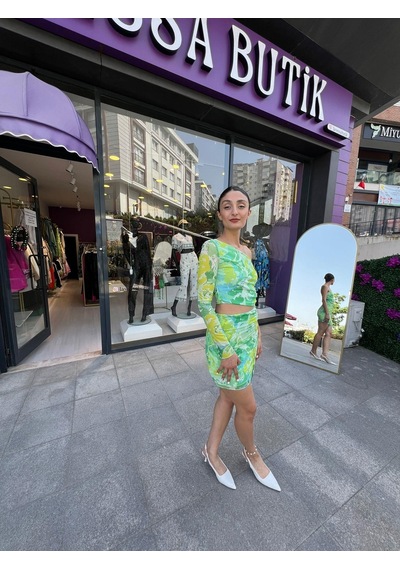 Desenli Tül Mini Bluz-226 Yeşil