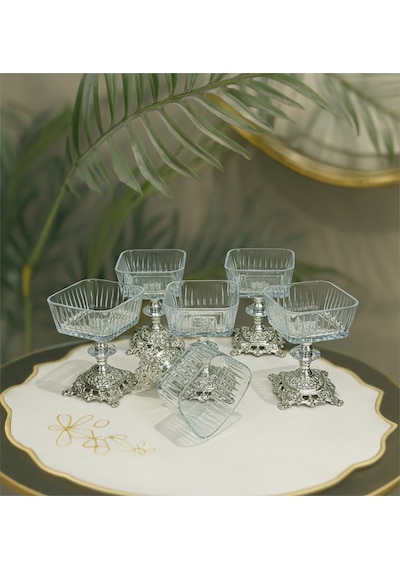 Elta Collection 6 Adet Metal Ayaklı Gümüş Detaylı Magnolia-kase-dondurmalık-şekerlik-sunumluk Gümüş