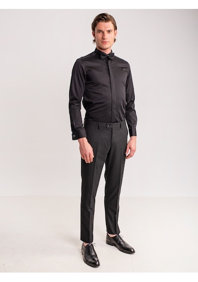 Dufy Siyah Erkek Slim Fit Ata Yaka Uzun Kol Gömlek - 60901 Siyah